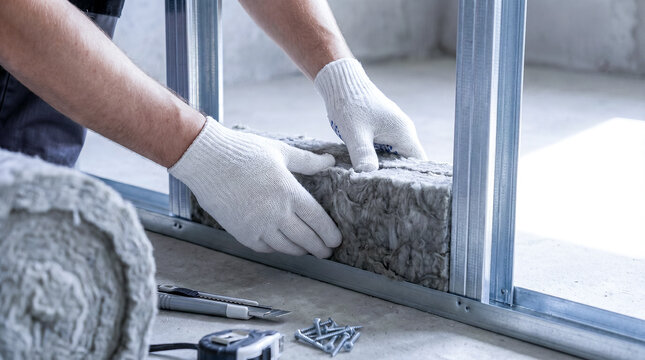 A worker's gloved hands laying mineral wool into a metal partition frame. Close-up of thermal insulation installation, interior finishing, and construction work in the building.
