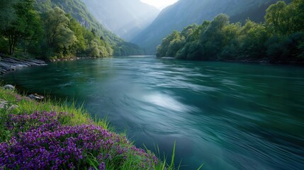 Obraz premium Fast river flowing between forested mountains with purple blooms