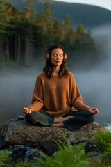 Fototapeta premium Woman meditating with headphones seated cross legged on lakeside rock