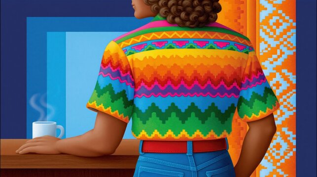 Individual with curly hair enjoying a hot cup of coffee, wearing a vibrant, retro zig zag print top