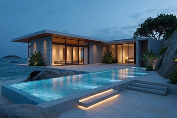 Fototapeta premium Modern seaside bungalow with illuminated pool at twilight