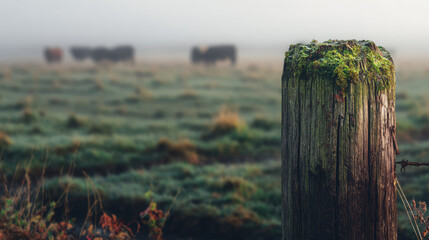 Fototapeta premium Holistic grazing management in misty pasture with weathered wooden fence post and blurred cattle in background creates peaceful rural atmosphere