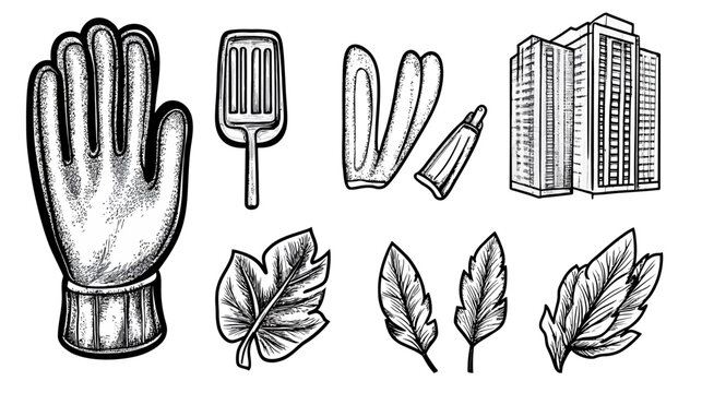 A collection of illustrations in a line art style, featuring diverse objects on a white background