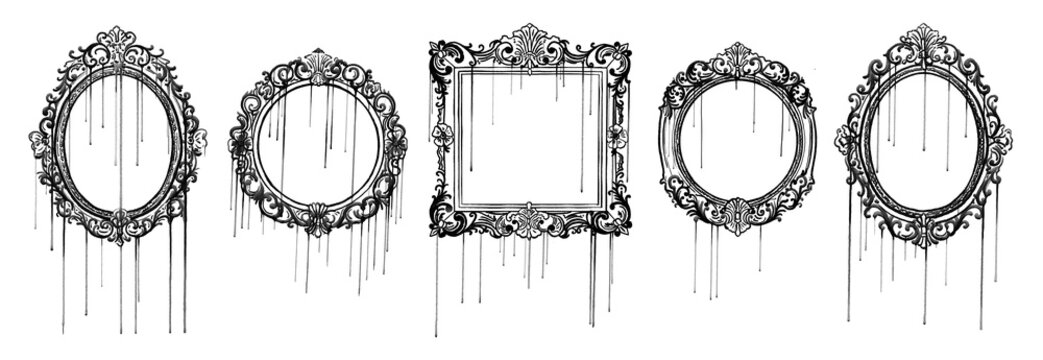 Gothic png oval frames set in black ink with watercolor drips. Victorian baroque borders and antique empire ornaments for dark academia and mystery style.