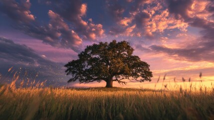 Fototapeta premium A lone ancient oak tree standing in the center of a green meadow at twilight, thousands of fireflies surrounding the tree's canopy, long golden grass in the foreground