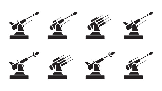 Anti aircraft gun icon set, weapon firing missile, vector illustration in flat style.