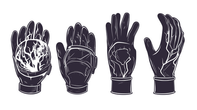 Artistic depiction of four stylized gloves with varying designs and internal patterns, monochrome palette