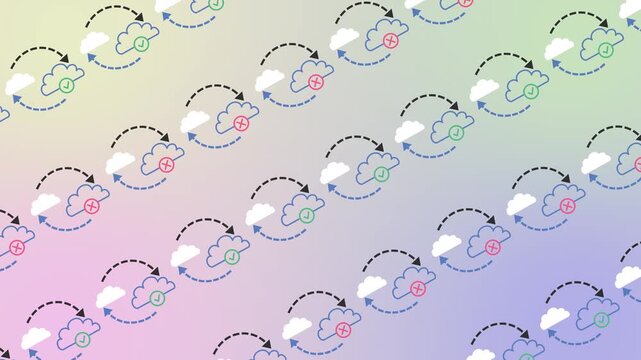 Seamless pattern of cloud sync status with check and cross marks in a cartoon background animation. Flat design cloud computing data transfer success and failure concept wallpaper.
