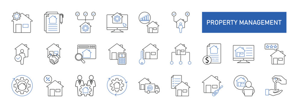 Property management icon set, containing property search, sign contract, leasing, agreement, repair, automation, feedback and more. Solid vector icons collection. eps 10