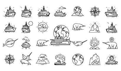 Arctic exploration and nautical travel a hand drawn collection of ships wildlife and geographic elements © vector design 