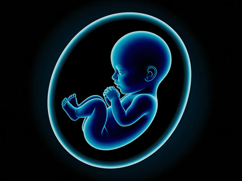 A glowing blue human fetus depicted inside a translucent amniotic sac, illustrating early stages of prenatal development.