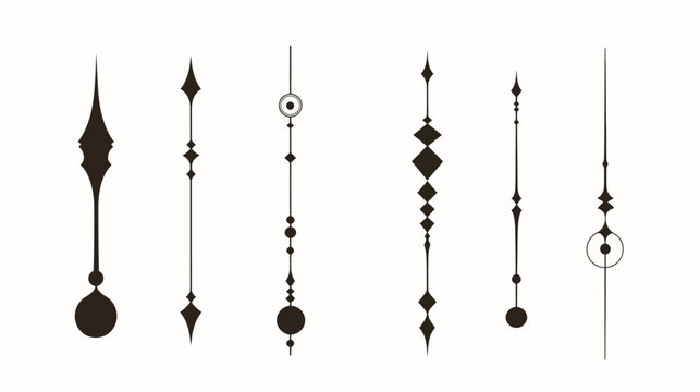 Seven black abstract vertical decorative elements, various shapes, on white background, line art style