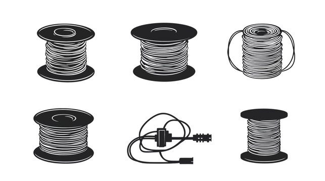 A collection of six black and white line art illustrations featuring spools of wire and related wiring components