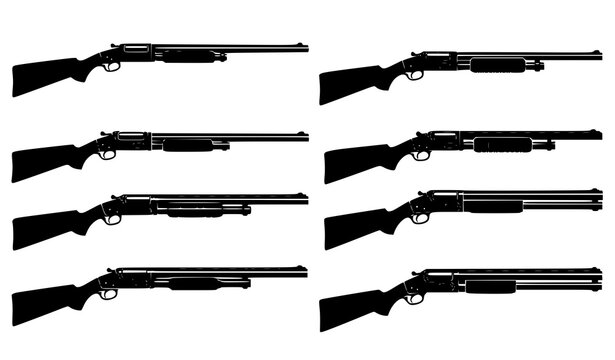 Black silhouette collection of various lever action and pump action firearms displaying different barrel lengths and stock styles