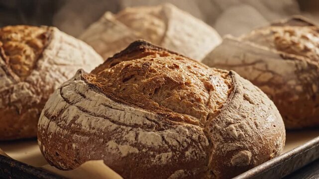 Freshly baked artisan bread loaves with golden crusts resting on a wooden surface ready to be served