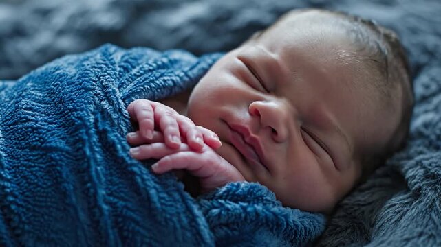 Peaceful newborn baby sleeping soundly, bundled in a soft blue plush blanket