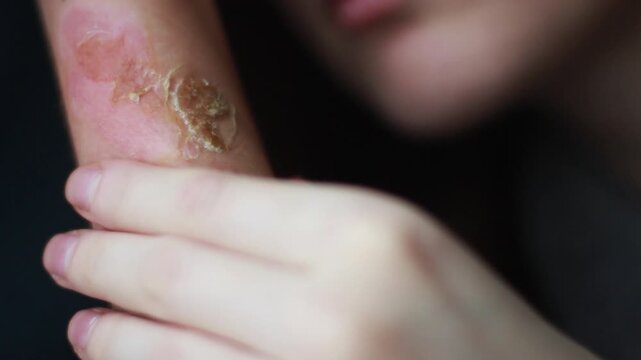 A young woman examines her burnt hand close-up