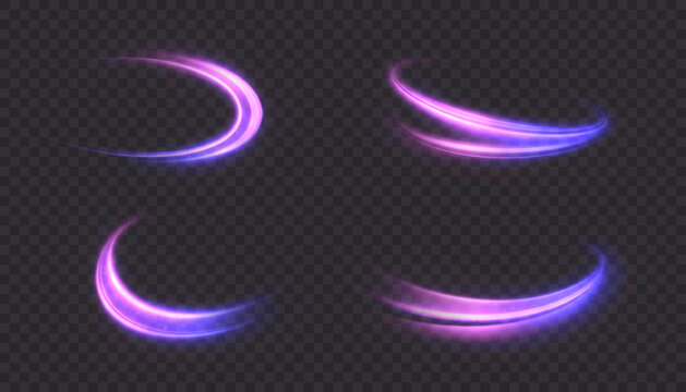 Curved purple glowing streams with smooth motion and a soft glow against a black background. Glowing arcs with bright edges create vector energy effects.