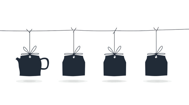A silhouette illustration of a teapot and tea bags hanging on a string with bows, isolated on white