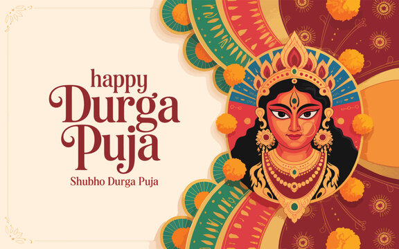 Goddess Durga face with marigold flowers and traditional patterns for the Durga Puja festival
