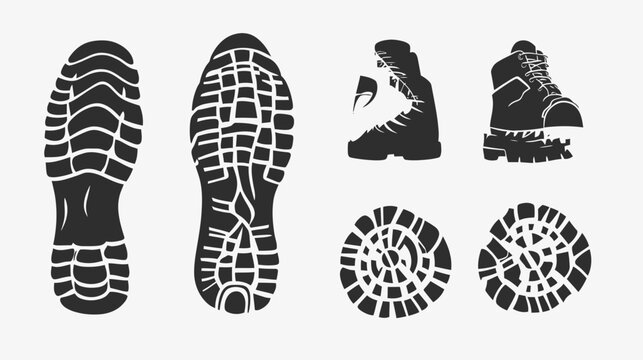 Stylized illustrations feature various shoe soles and a hiking boot silhouette, rendered in black