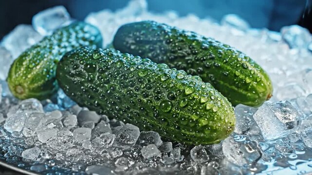 Fresh Green Cucumbers Covered in Water Droplets Resting on a Bed of Chilled Ice