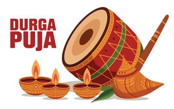 Durga puja with a dhak drum, three lit clay oil lamps, and a conch shell on a white background