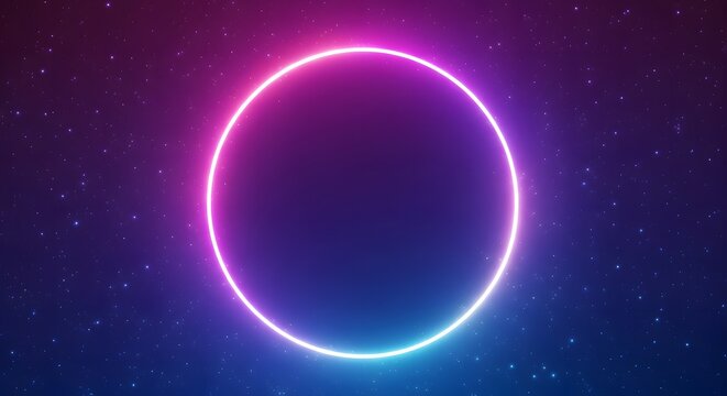 A vibrant neon circle glows brightly in a dark starry night sky on transparent background