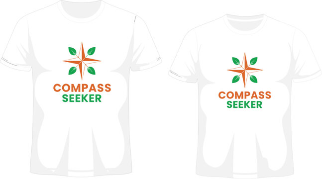 White T-shirt Mockup Featuring Compass Seeker Logo Design with Green Leaves and Orange Star for Outdoor Branding, Eco-friendly Apparel, and Adventure Clothing Promotion