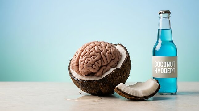 Kombinasi unik antara otak manusia dan kelapa muda dalam botol minuman berwarna biru