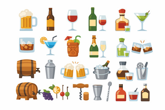 Comprehensive set of flat vector icons featuring alcoholic drinks and barware: beer mugs, wine bottles, whiskey, cocktails, champagne, tequila, barrels, shaker, ice bucket, and bar tools.