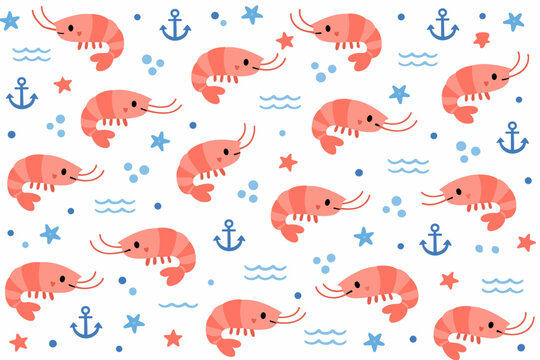 Cute Shrimp Seamless Pattern with Minimal Nautical Elements, Pink Prawns, Blue Anchors, Starfish, and Waves on White Background, Simple Flat Vector Illustration for Fabric, Wallpaper, and Decor
