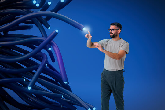 3D network cable touch man pointing at digital signal