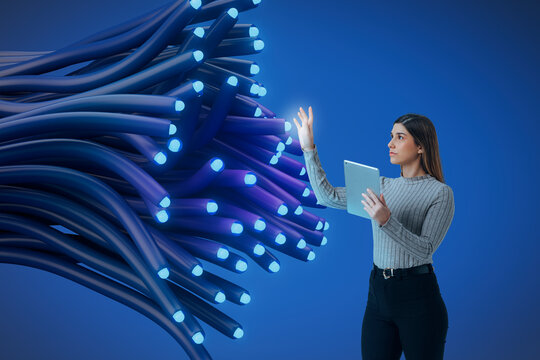 3D fiber optic interface woman using tablet and gesture