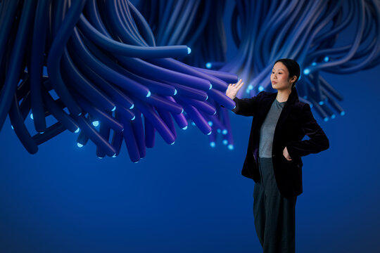 3D fiber cluster business woman touching glowing cable