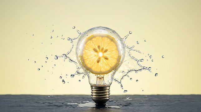 Lampu bohlam dengan irisan jeruk di dalamnya dan percikan air segar