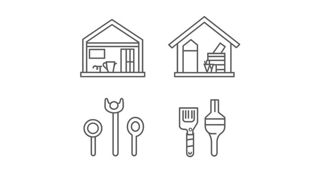 Collection of minimalist line art icons, featuring buildings, tools, and kitchen implements