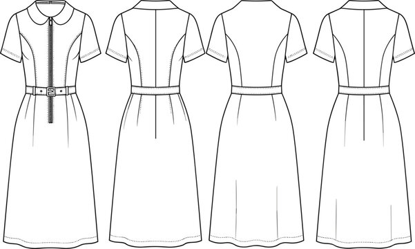 Women's Short Sleeve Midi Dress Technical Flat Sketch with Peter Pan Collar, Front Zipper, and Belt for Fashion Tech Packs and Apparel Design