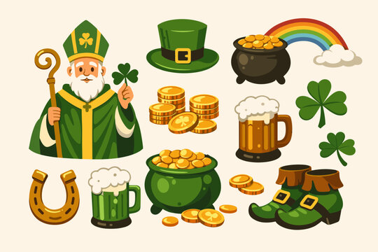 St. Patrick's Day Vector Illustration Collection Featuring Saint Patrick, Leprechaun Hat, Pot of Gold, Rainbow, Beer Mugs, Shamrocks, Horseshoe, and Boots for Festive Posters, Cards, and Apparel