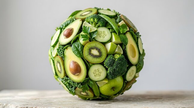 Bola sayuran dan buah-buahan segar dengan kiwi, mentimun, alpukat, brokoli, dan daun mint