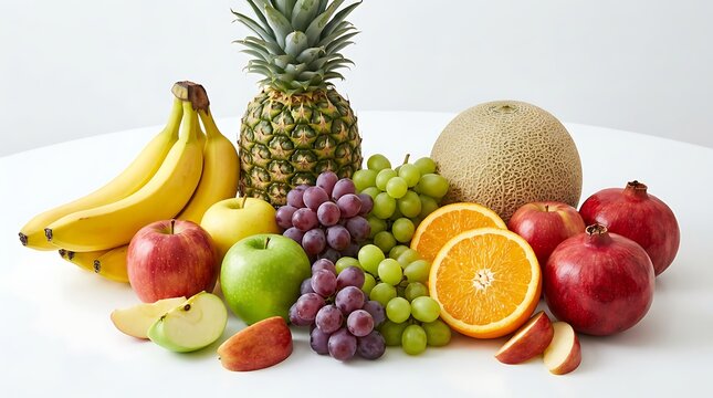 A variety of fresh fruits including bananas pineapples apples oranges grapes pomegranates and melons arranged on a white surface for a healthy snack or meal  fresh fruit assortment