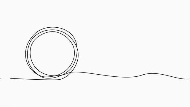 Circle round shape continuous one line drawing on white background minimalist geometric animation video, Single continuous line drawing depicting a circle intersected by a wavy line.