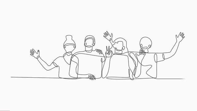 Animated self drawing of continuous line friends forever. Hugging happy friendship with boys and girls standing together, friendship bonding. Unity in diversity concept. Full length one line animation