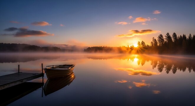Serene Morning Sunrise Over Calm Lake With Wooden Dock and Boat
