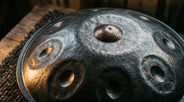 Close-up of a unique steel handpan musical instrument.