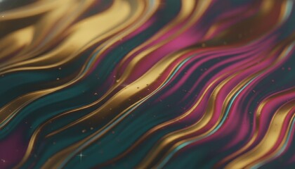 Fototapeta premium Colorful abstract liquid waves with gold and pink metallic patterns on dark background