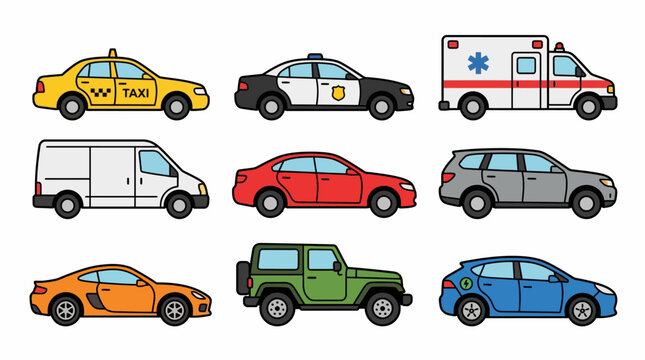 Modern Transport Automobile Collection Flat Cartoon Illustration and Vector Design Element Set