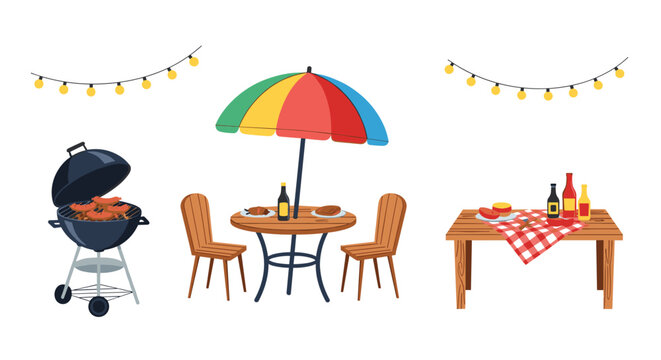 Backyard barbecue scene featuring a grill with sausages, outdoor dining table with an umbrella, and a wooden picnic bench for summer fun.