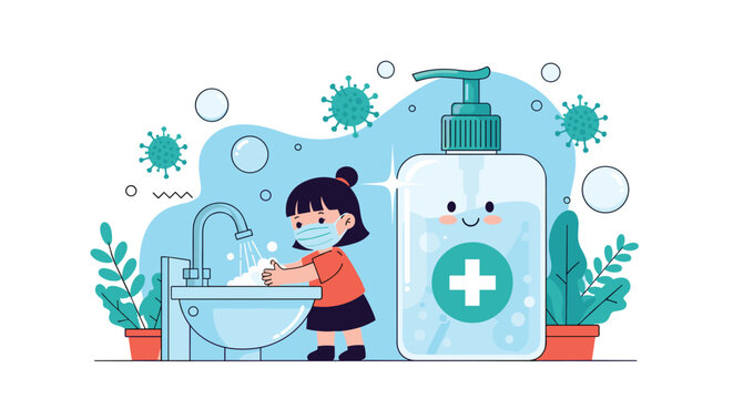 Young girl wearing a surgical mask washing her hands carefully next to a large bottle of hand sanitizer to prevent the spread of germs.