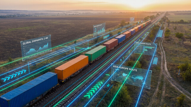 Tren de carga con contenedores multicolor avanzando hacia horizonte con overlay digital de rutas globales y datos log&iacute;sticos, estilo corporativo, vista a&eacute;rea.